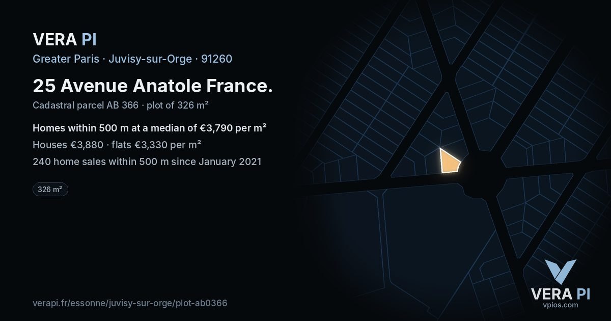 25 Avenue Anatole France, Juvisy-sur-Orge at night – the plot lit, the parcels around coloured by the prices near them