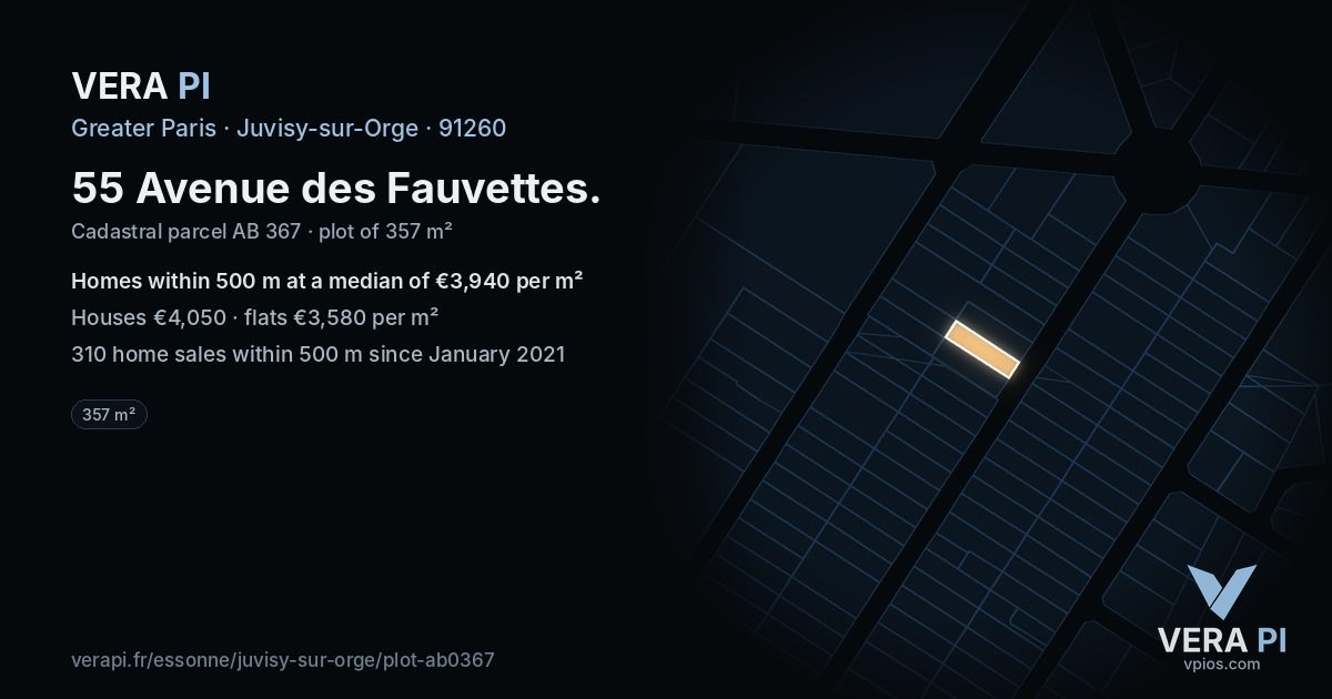 55 Avenue des Fauvettes, Juvisy-sur-Orge at night – the plot lit, the parcels around coloured by the prices near them