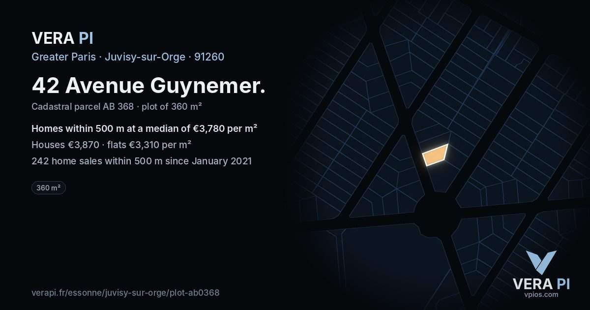 42 Avenue Guynemer, Juvisy-sur-Orge at night – the plot lit, the parcels around coloured by the prices near them