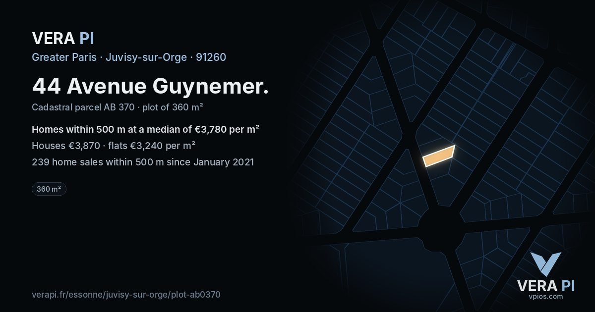 44 Avenue Guynemer, Juvisy-sur-Orge at night – the plot lit, the parcels around coloured by the prices near them