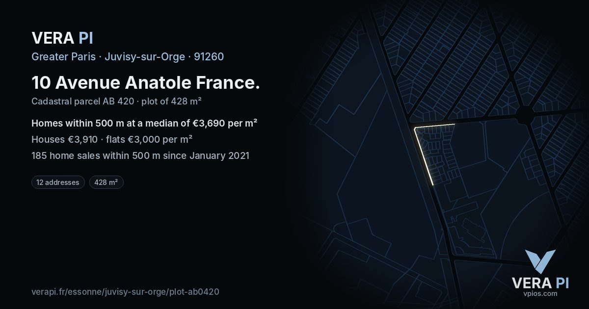 10 Avenue Anatole France, Juvisy-sur-Orge at night – the plot lit, the parcels around coloured by the prices near them