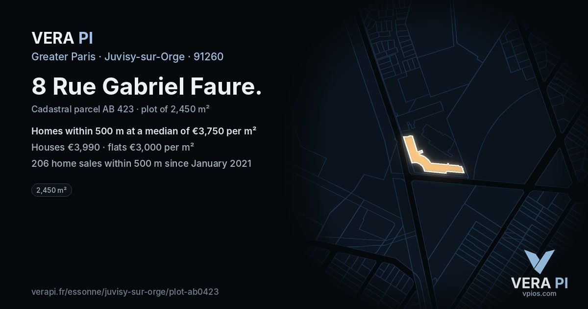 8 Rue Gabriel Faure, Juvisy-sur-Orge at night – the plot lit, the parcels around coloured by the prices near them