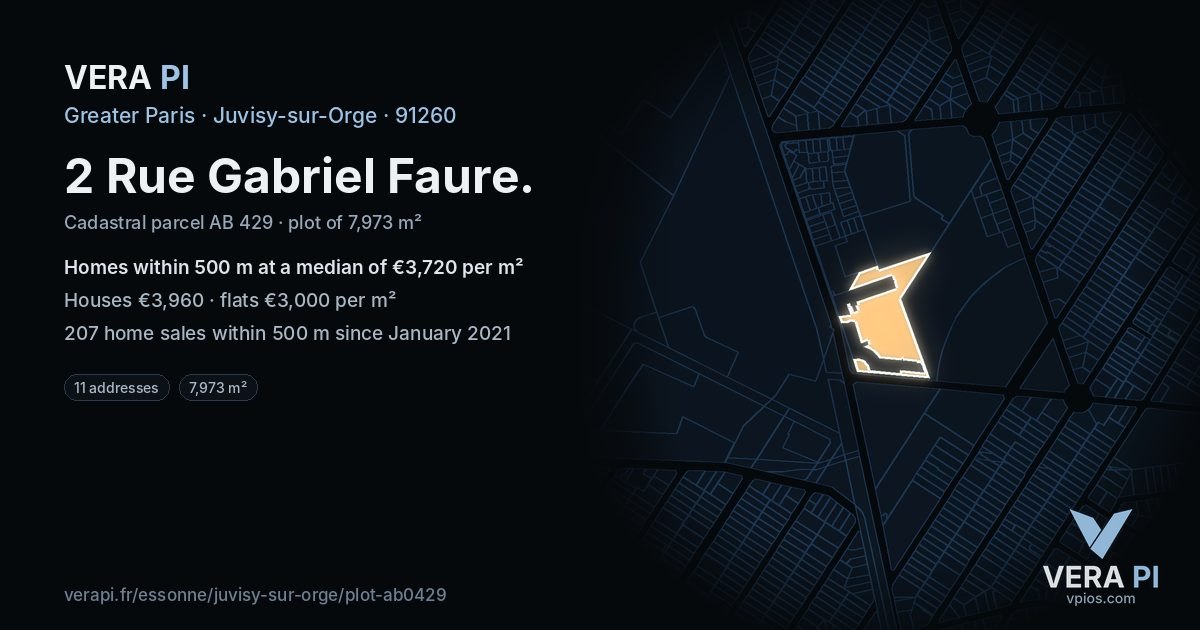 2 Rue Gabriel Faure, Juvisy-sur-Orge at night – the plot lit, the parcels around coloured by the prices near them