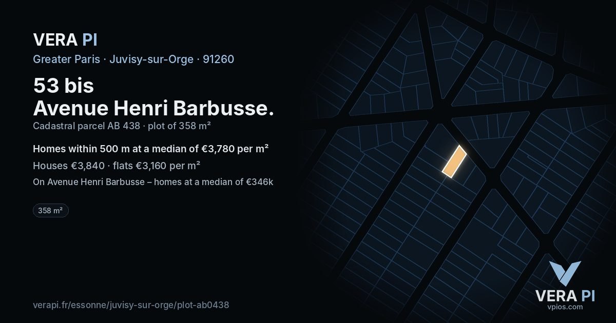 53 bis Avenue Henri Barbusse, Juvisy-sur-Orge at night – the plot lit, the parcels around coloured by the prices near them