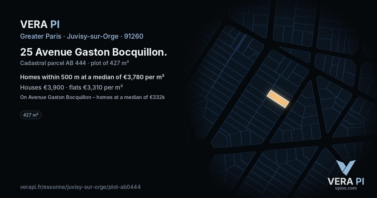 25 Avenue Gaston Bocquillon, Juvisy-sur-Orge at night – the plot lit, the parcels around coloured by the prices near them