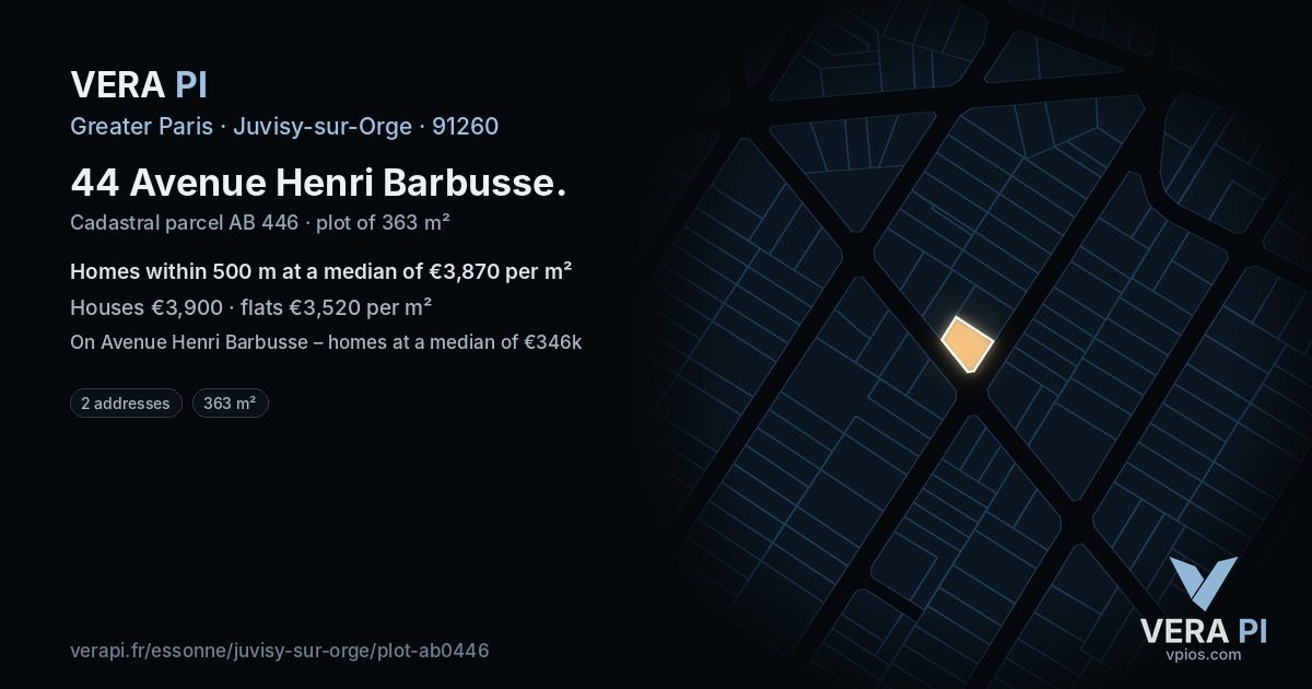 44 Avenue Henri Barbusse, Juvisy-sur-Orge at night – the plot lit, the parcels around coloured by the prices near them