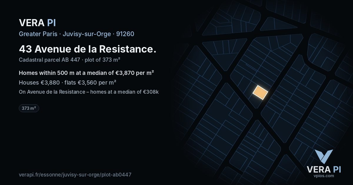 43 Avenue de la Resistance, Juvisy-sur-Orge at night – the plot lit, the parcels around coloured by the prices near them