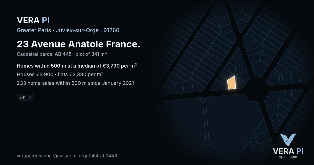 23 Avenue Anatole France, Juvisy-sur-Orge at night – the plot lit, the parcels around coloured by the prices near them
