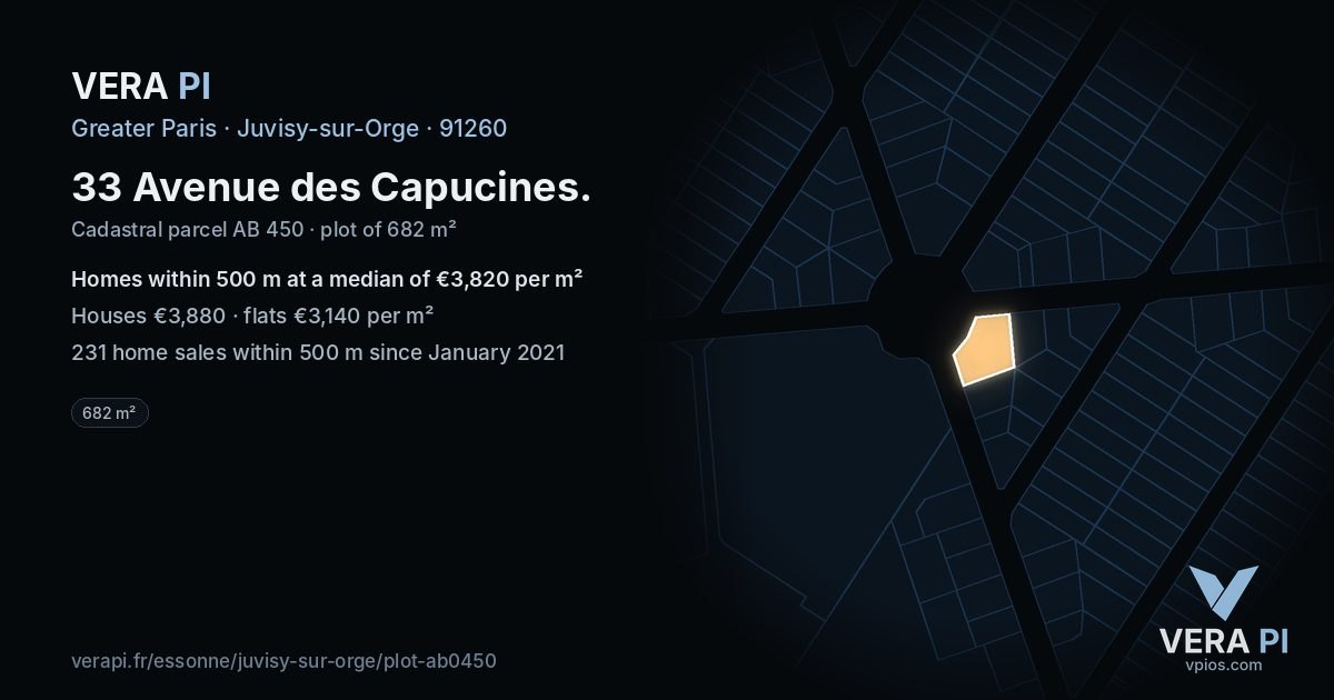 33 Avenue des Capucines, Juvisy-sur-Orge at night – the plot lit, the parcels around coloured by the prices near them