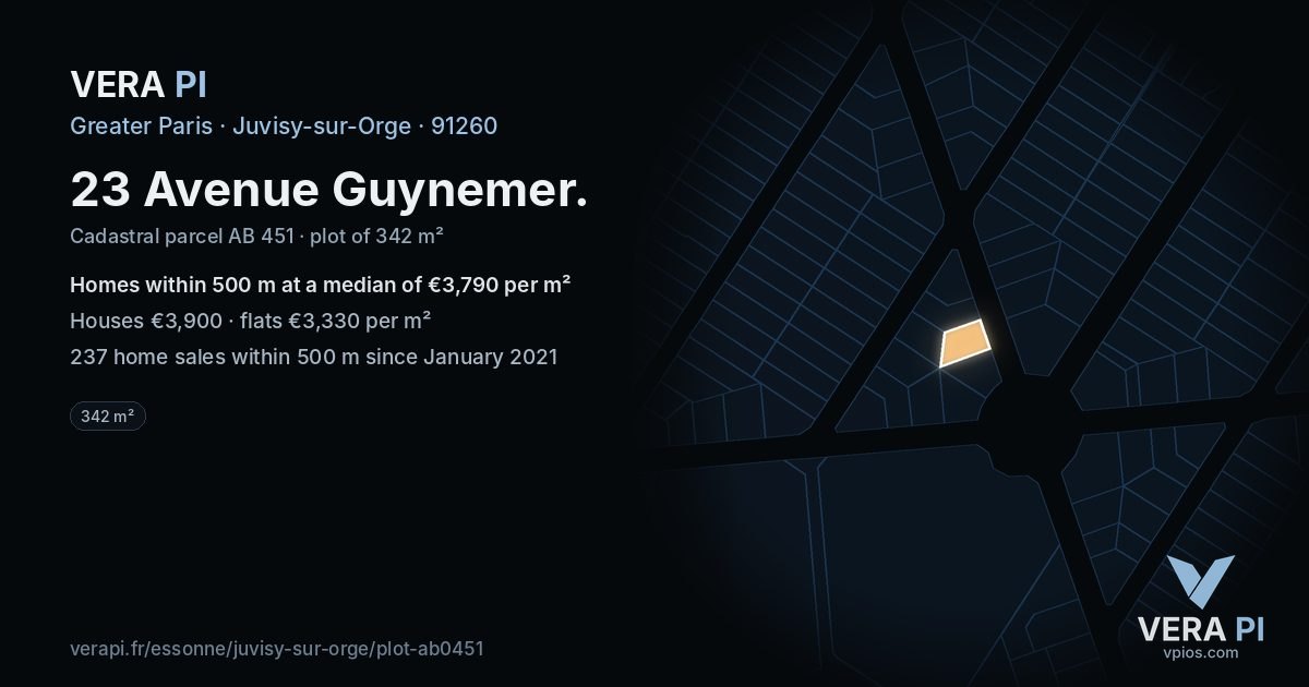 23 Avenue Guynemer, Juvisy-sur-Orge at night – the plot lit, the parcels around coloured by the prices near them