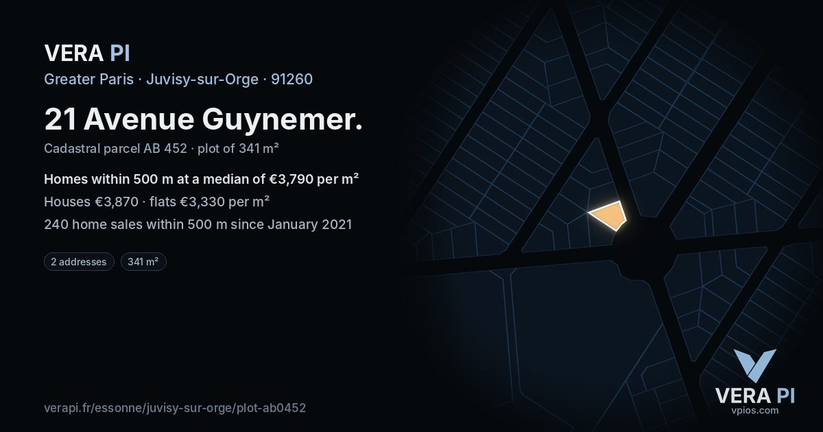 21 Avenue Guynemer, Juvisy-sur-Orge at night – the plot lit, the parcels around coloured by the prices near them