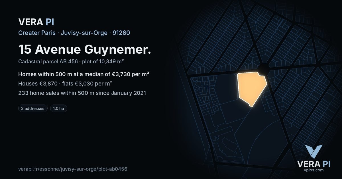 15 Avenue Guynemer, Juvisy-sur-Orge at night – the plot lit, the parcels around coloured by the prices near them