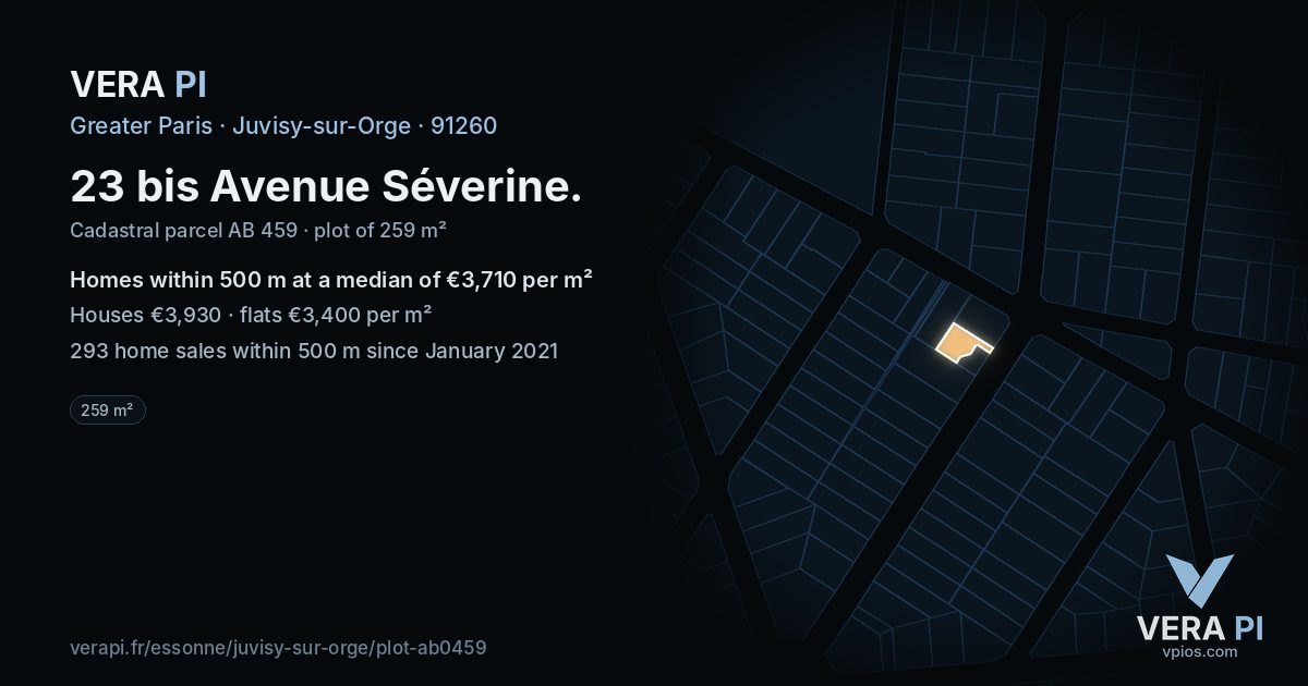 23 bis Avenue Séverine, Juvisy-sur-Orge at night – the plot lit, the parcels around coloured by the prices near them