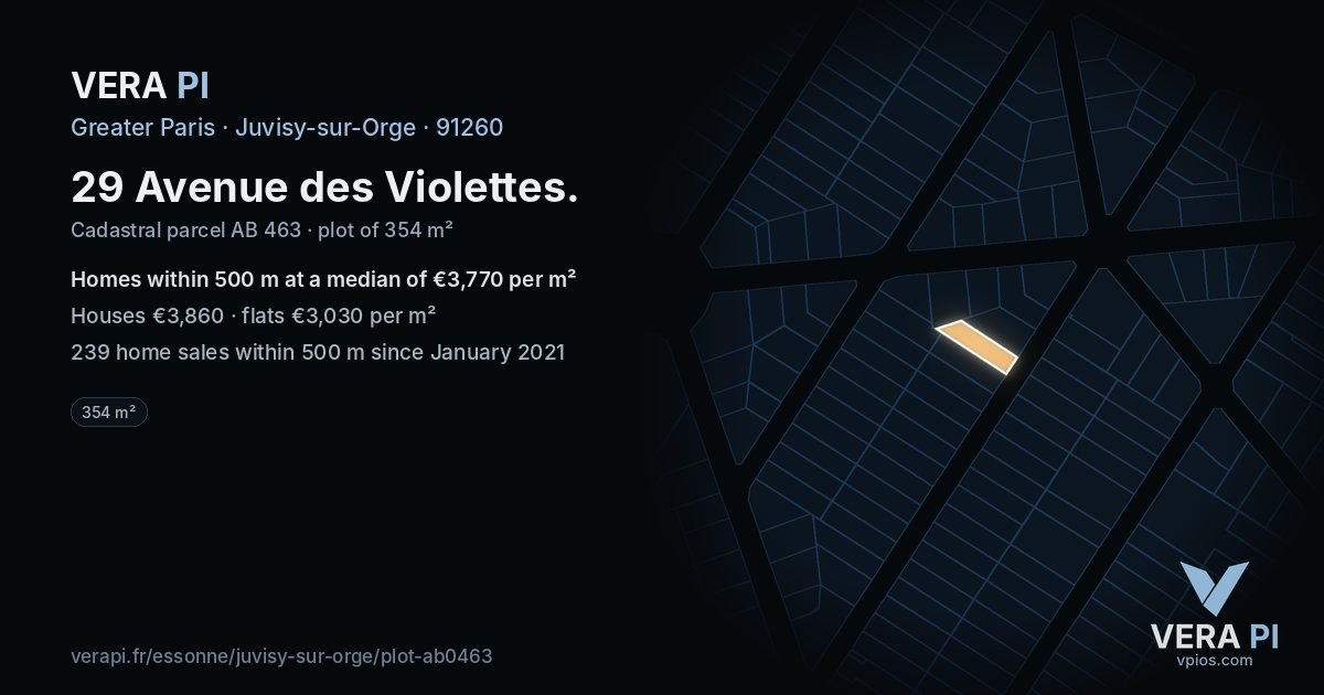 29 Avenue des Violettes, Juvisy-sur-Orge at night – the plot lit, the parcels around coloured by the prices near them