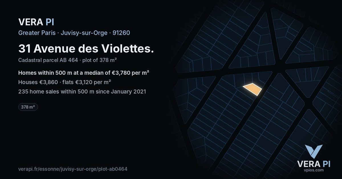 31 Avenue des Violettes, Juvisy-sur-Orge at night – the plot lit, the parcels around coloured by the prices near them