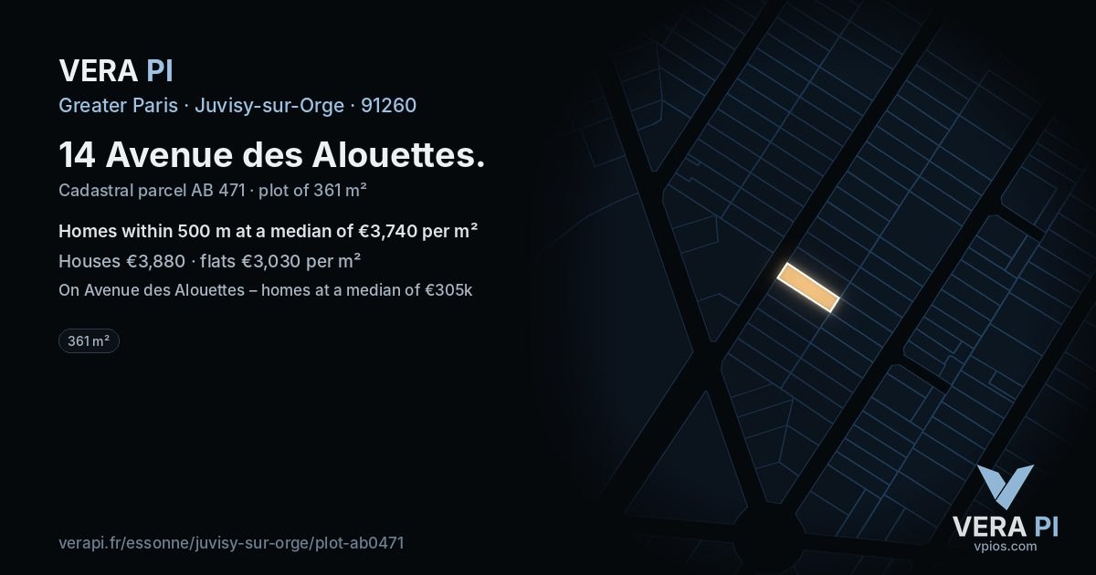 14 Avenue des Alouettes, Juvisy-sur-Orge at night – the plot lit, the parcels around coloured by the prices near them