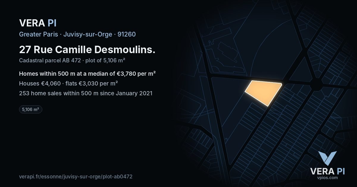 27 Rue Camille Desmoulins, Juvisy-sur-Orge at night – the plot lit, the parcels around coloured by the prices near them
