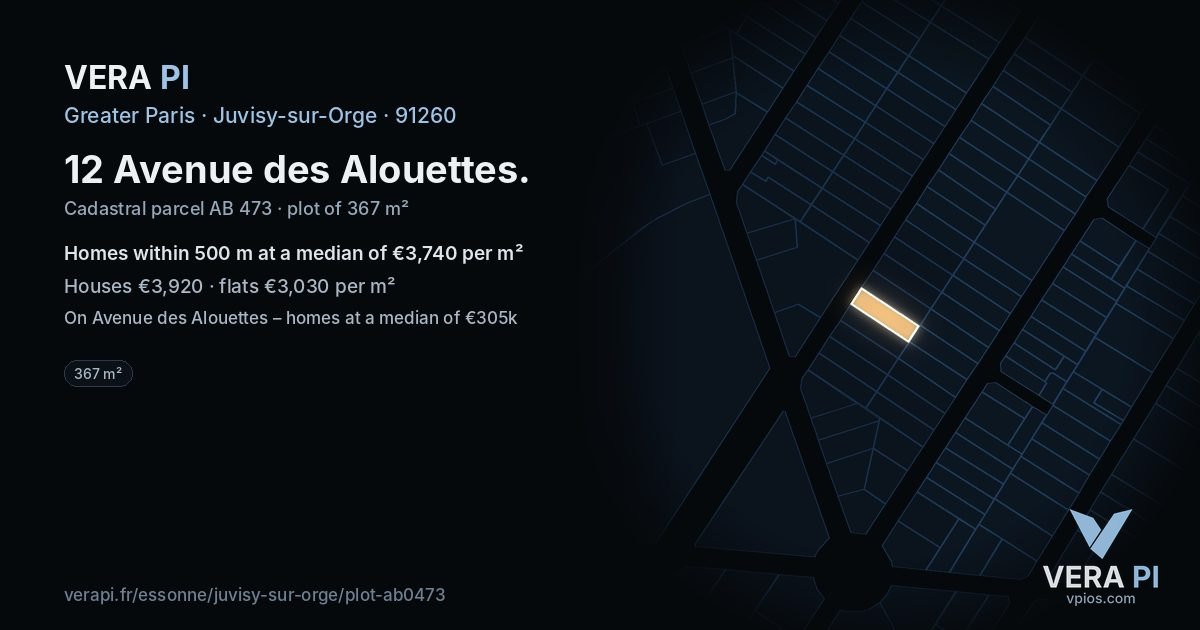 12 Avenue des Alouettes, Juvisy-sur-Orge at night – the plot lit, the parcels around coloured by the prices near them