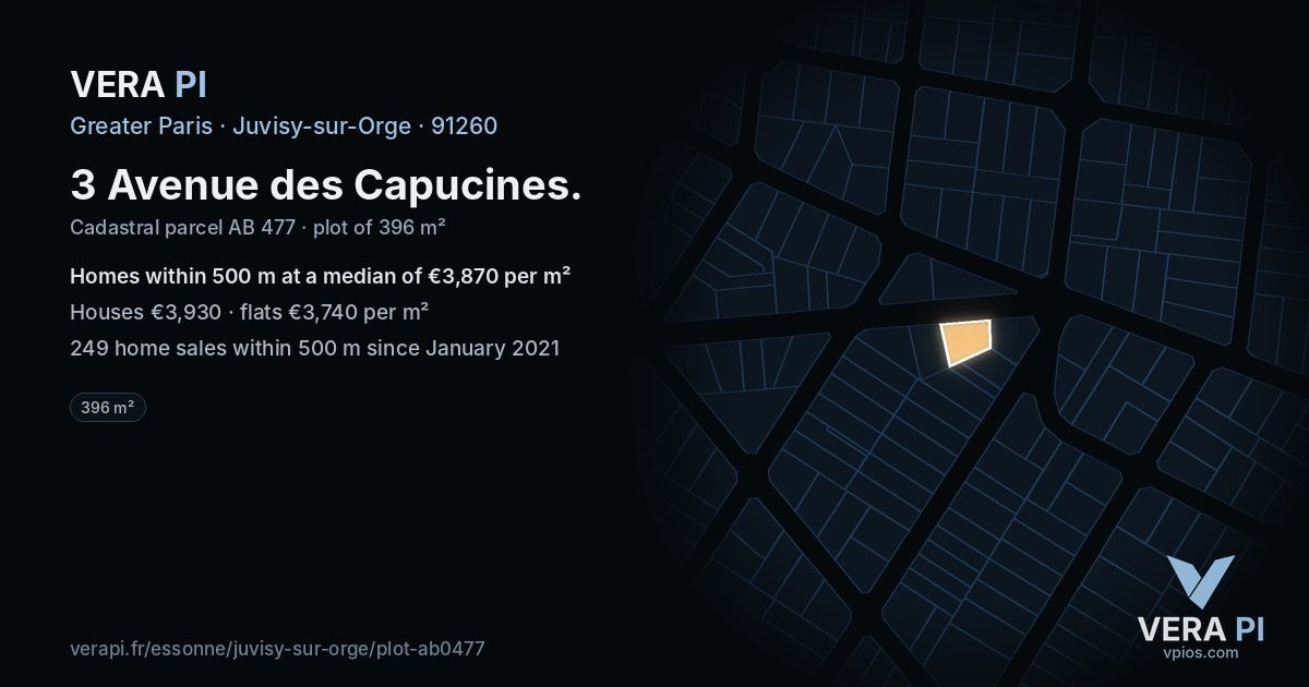 3 Avenue des Capucines, Juvisy-sur-Orge at night – the plot lit, the parcels around coloured by the prices near them