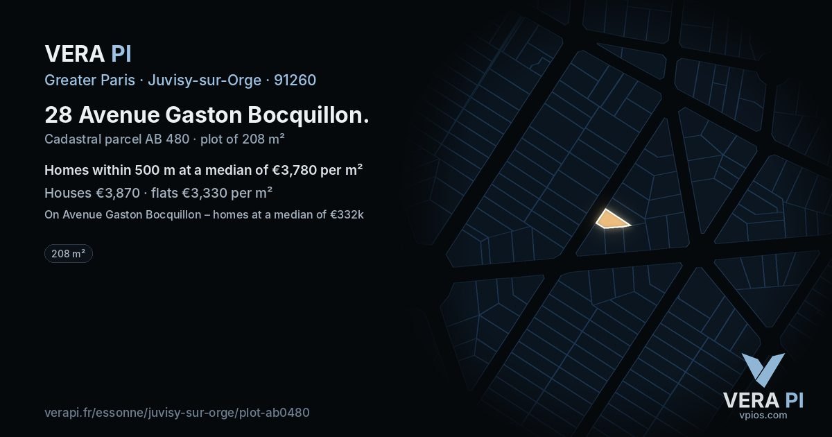 28 Avenue Gaston Bocquillon, Juvisy-sur-Orge at night – the plot lit, the parcels around coloured by the prices near them