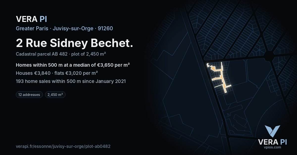 2 Rue Sidney Bechet, Juvisy-sur-Orge at night – the plot lit, the parcels around coloured by the prices near them