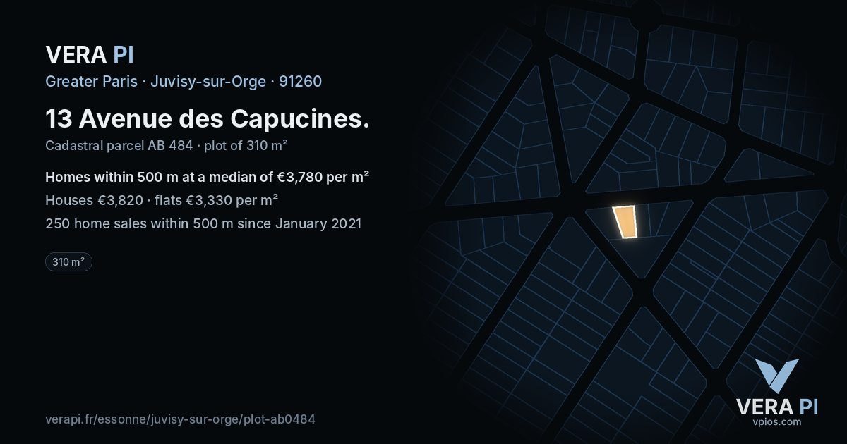13 Avenue des Capucines, Juvisy-sur-Orge at night – the plot lit, the parcels around coloured by the prices near them