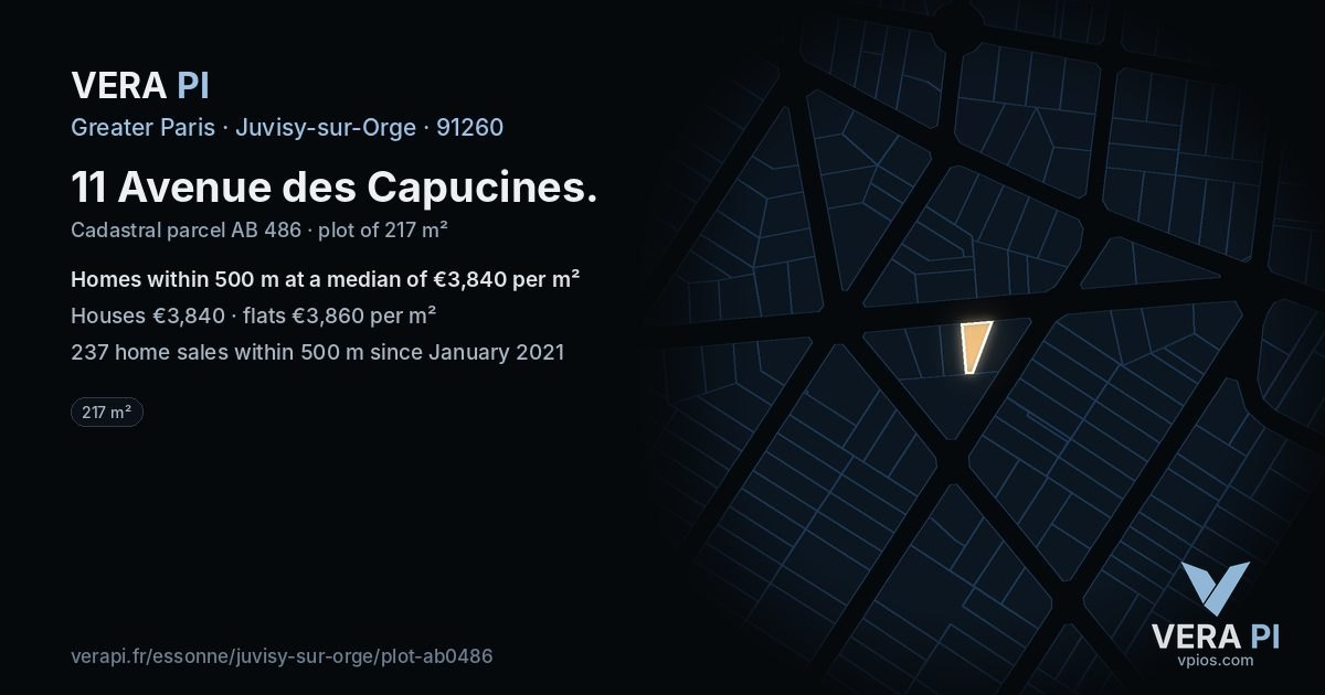 11 Avenue des Capucines, Juvisy-sur-Orge at night – the plot lit, the parcels around coloured by the prices near them