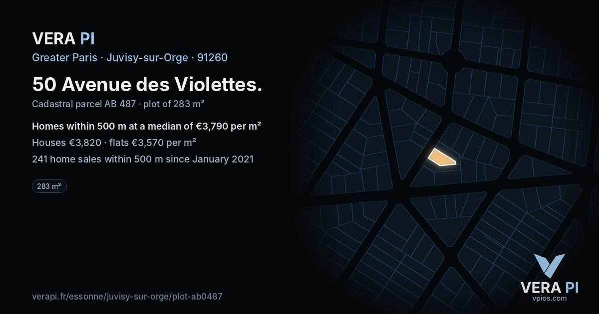 50 Avenue des Violettes, Juvisy-sur-Orge at night – the plot lit, the parcels around coloured by the prices near them