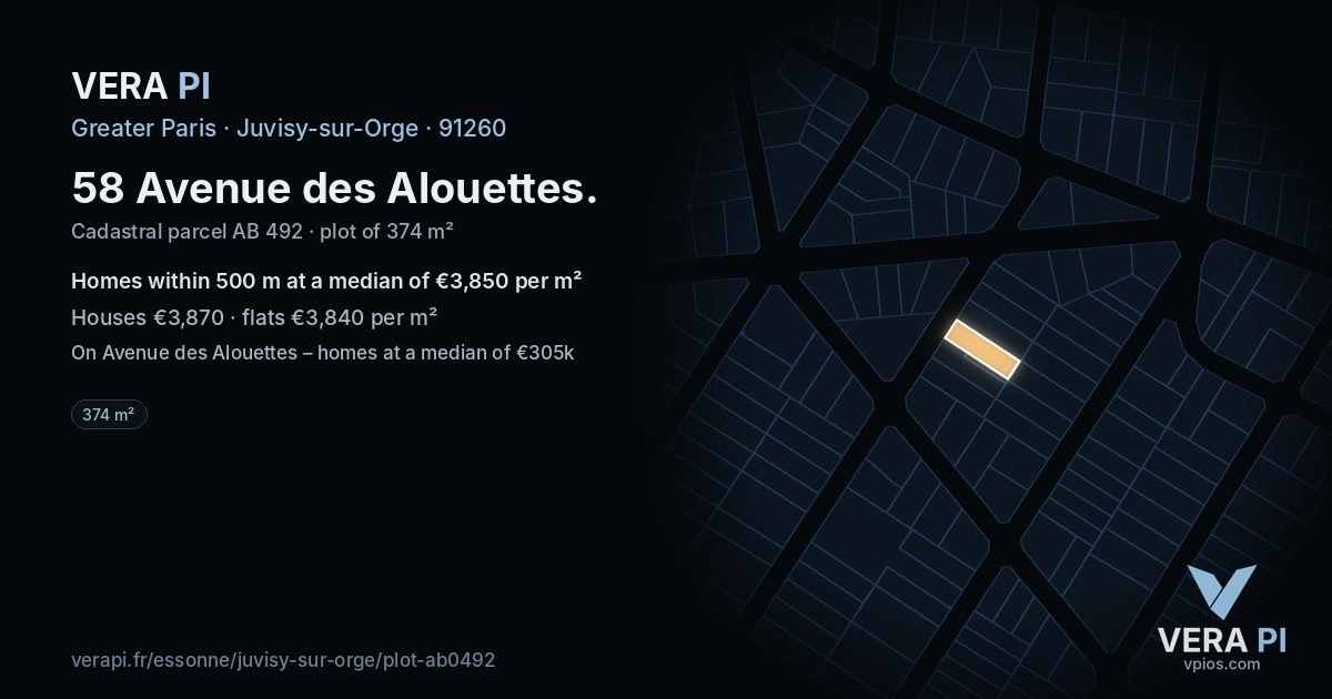 58 Avenue des Alouettes, Juvisy-sur-Orge at night – the plot lit, the parcels around coloured by the prices near them