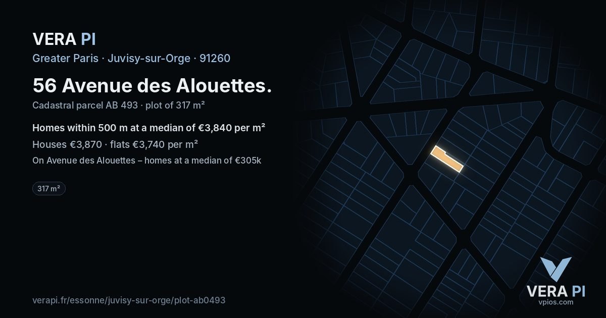 56 Avenue des Alouettes, Juvisy-sur-Orge at night – the plot lit, the parcels around coloured by the prices near them
