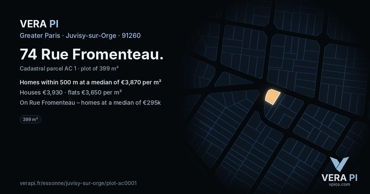74 Rue Fromenteau, Juvisy-sur-Orge at night – the plot lit, the parcels around coloured by the prices near them