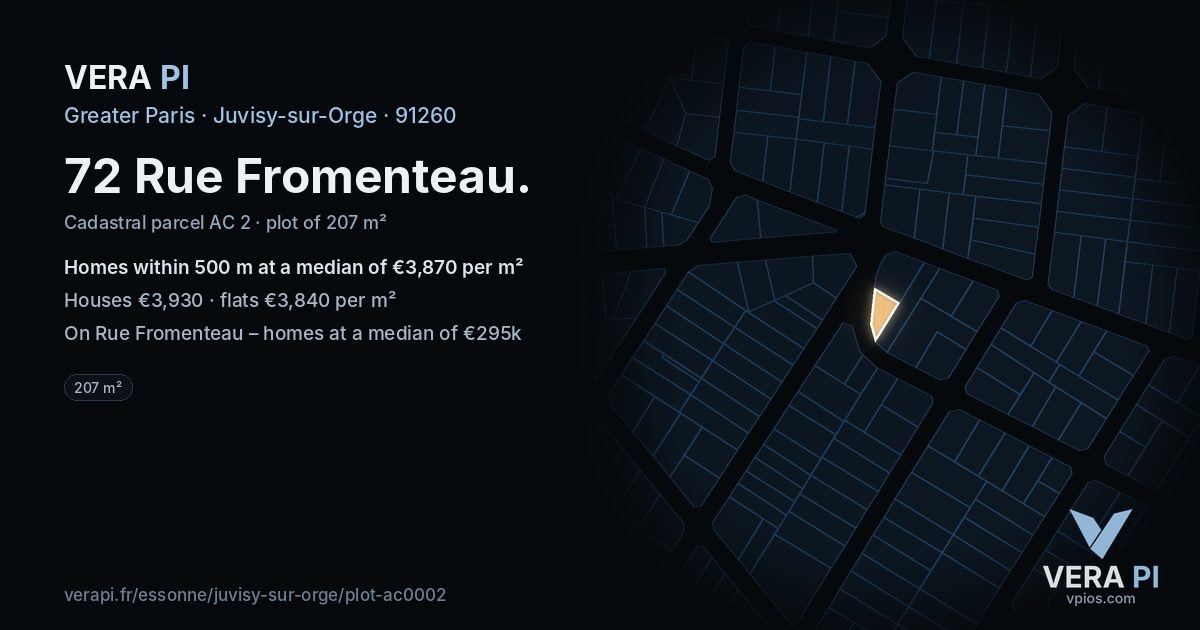 72 Rue Fromenteau, Juvisy-sur-Orge at night – the plot lit, the parcels around coloured by the prices near them