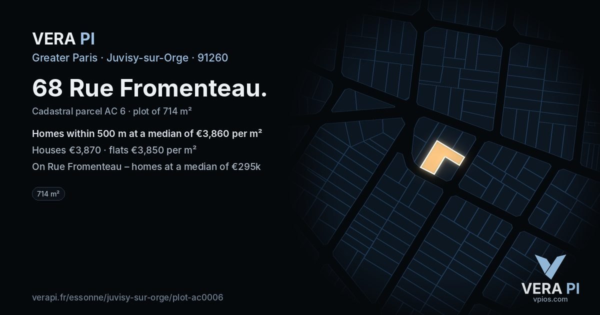 68 Rue Fromenteau, Juvisy-sur-Orge at night – the plot lit, the parcels around coloured by the prices near them