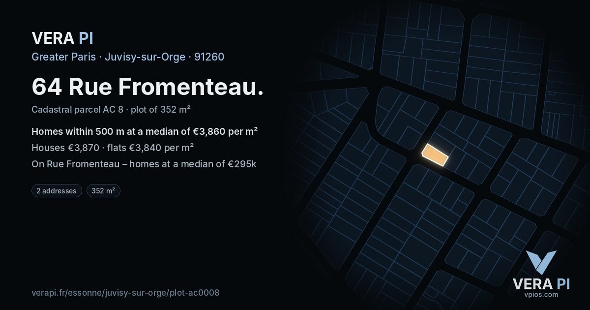 64 Rue Fromenteau, Juvisy-sur-Orge at night – the plot lit, the parcels around coloured by the prices near them