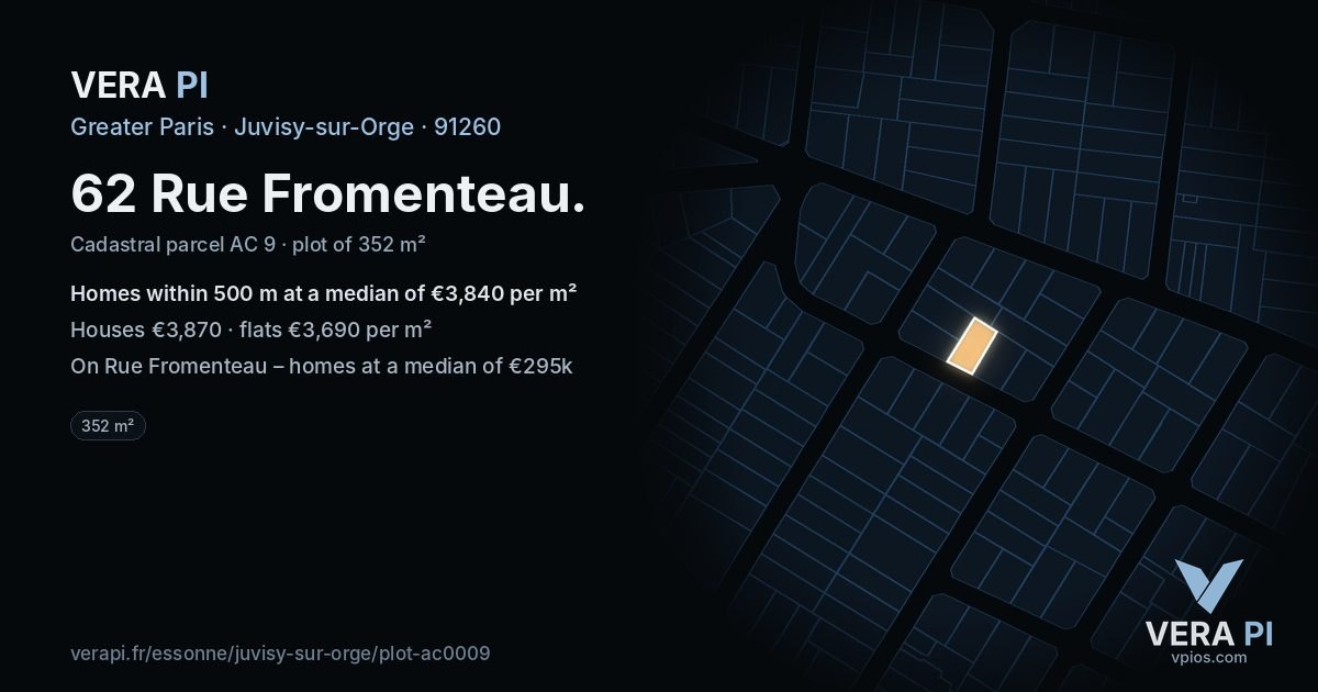 62 Rue Fromenteau, Juvisy-sur-Orge at night – the plot lit, the parcels around coloured by the prices near them