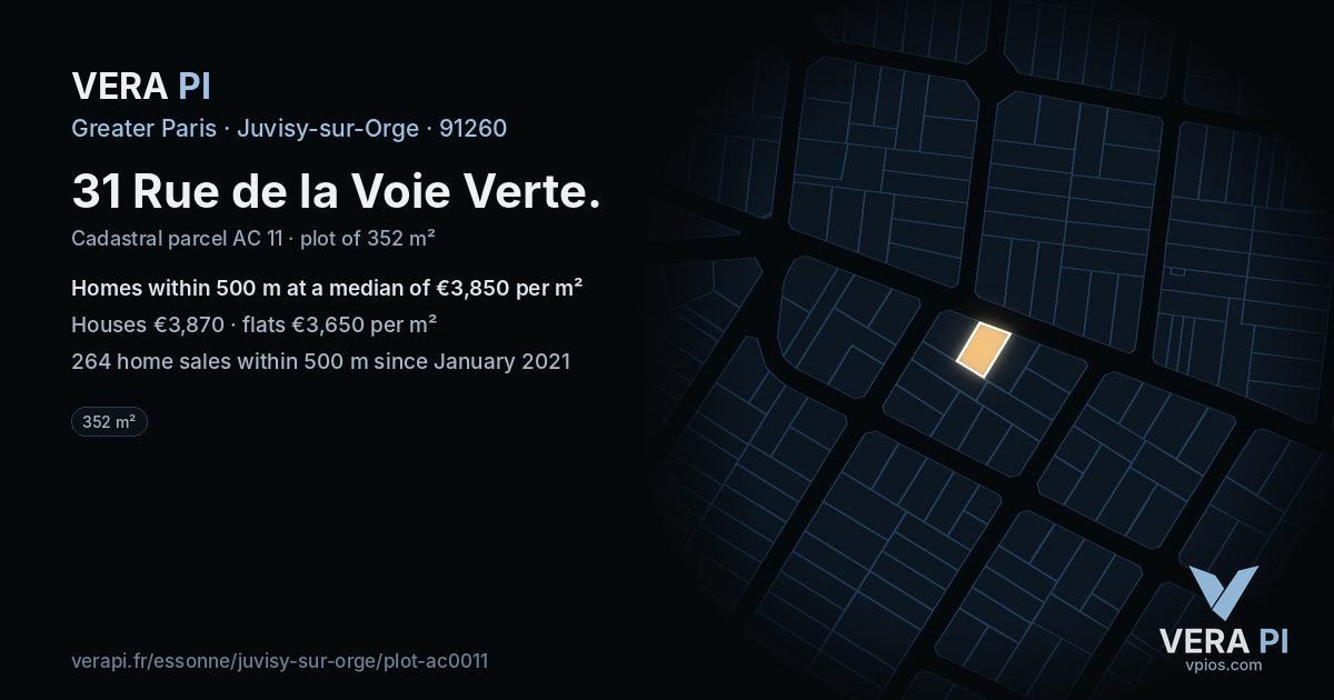 31 Rue de la Voie Verte, Juvisy-sur-Orge at night – the plot lit, the parcels around coloured by the prices near them