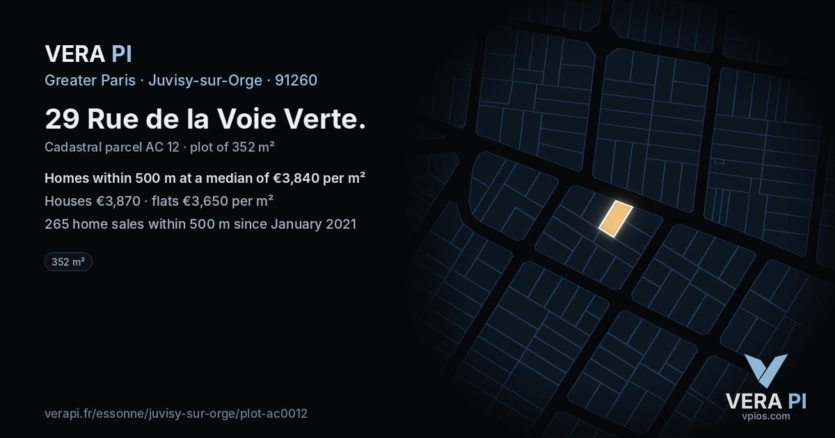 29 Rue de la Voie Verte, Juvisy-sur-Orge at night – the plot lit, the parcels around coloured by the prices near them