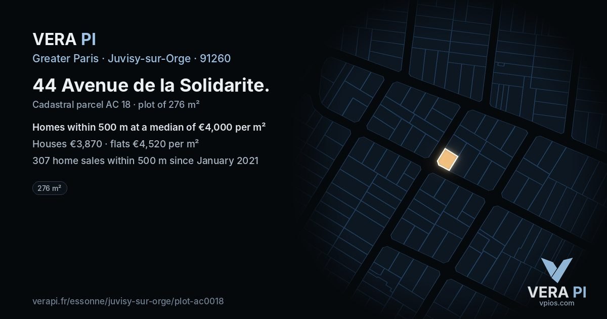 44 Avenue de la Solidarite, Juvisy-sur-Orge at night – the plot lit, the parcels around coloured by the prices near them