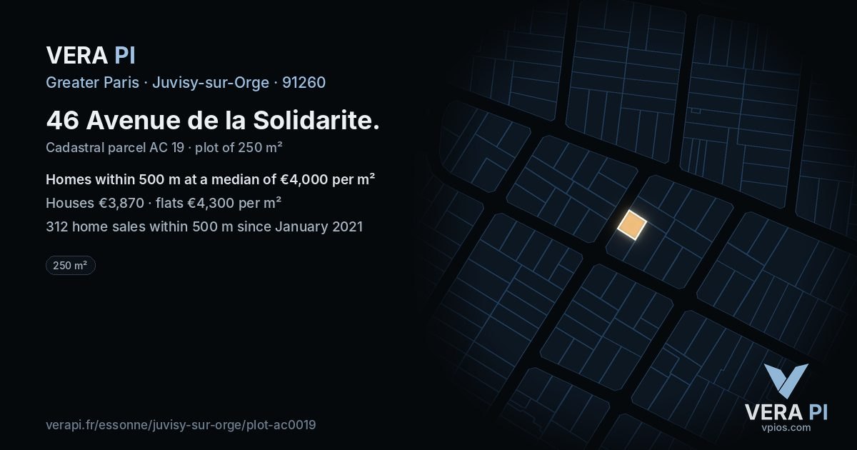46 Avenue de la Solidarite, Juvisy-sur-Orge at night – the plot lit, the parcels around coloured by the prices near them