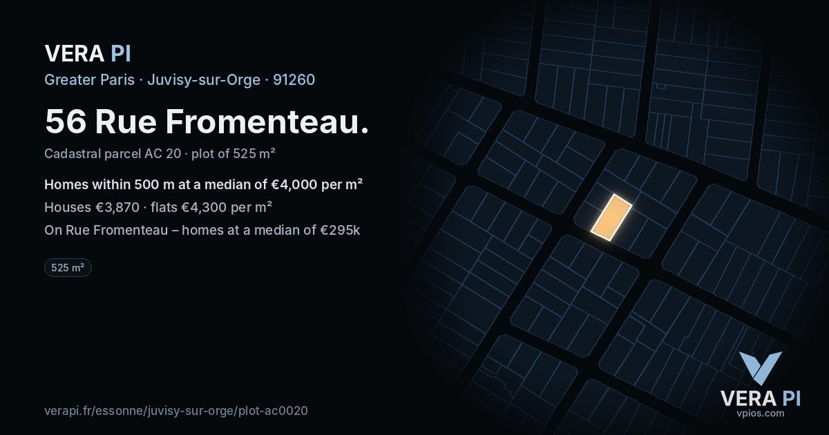 56 Rue Fromenteau, Juvisy-sur-Orge at night – the plot lit, the parcels around coloured by the prices near them