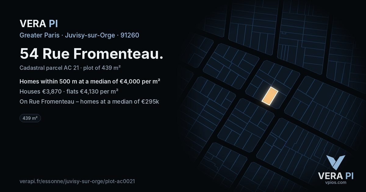 54 Rue Fromenteau, Juvisy-sur-Orge at night – the plot lit, the parcels around coloured by the prices near them