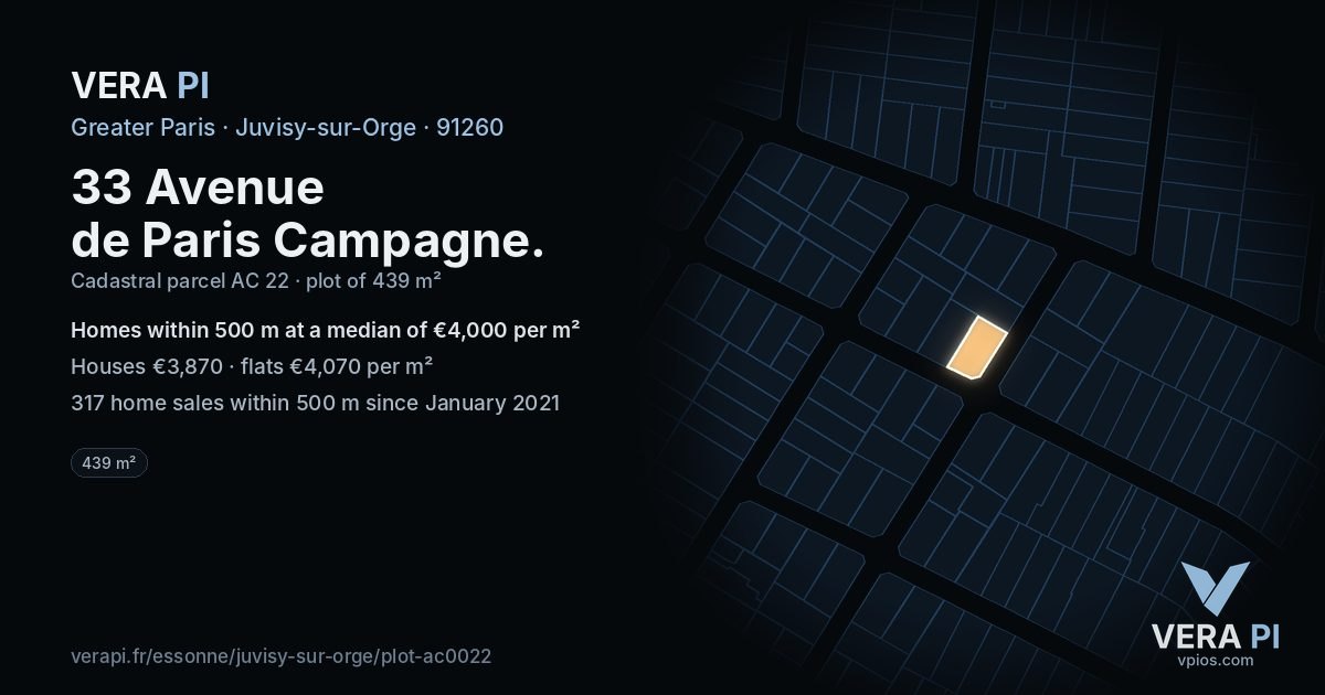 33 Avenue de Paris Campagne, Juvisy-sur-Orge at night – the plot lit, the parcels around coloured by the prices near them