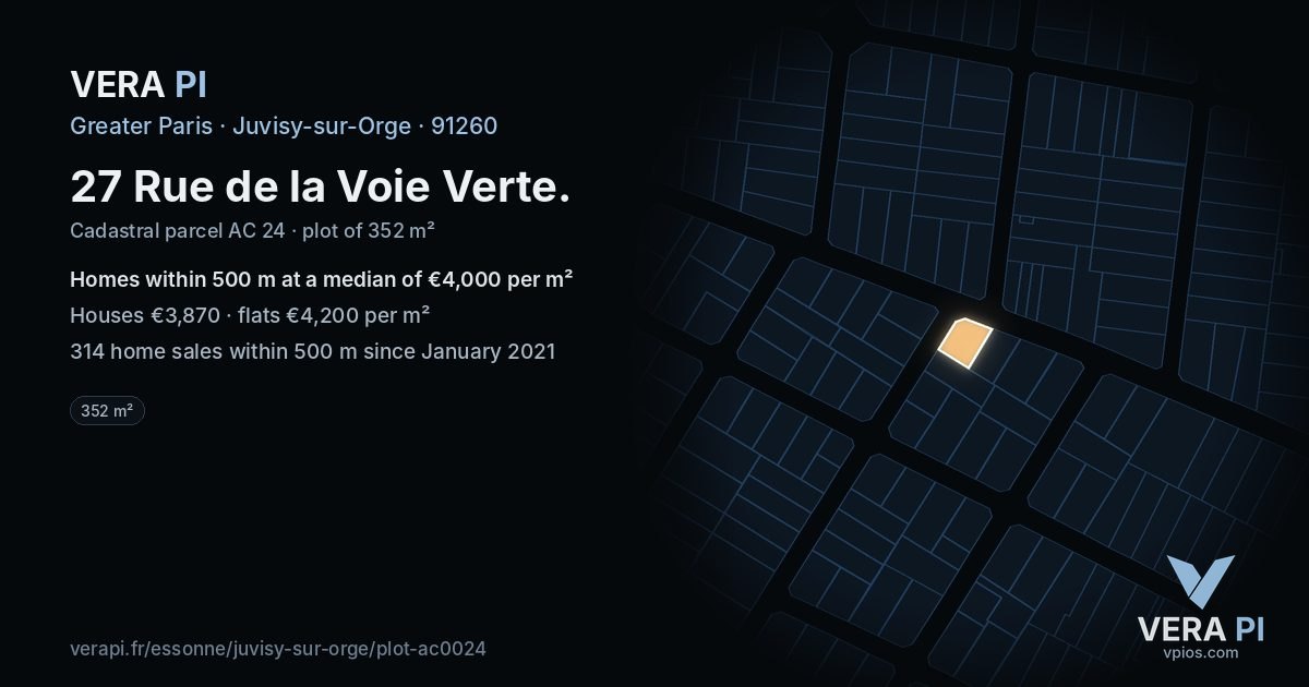 27 Rue de la Voie Verte, Juvisy-sur-Orge at night – the plot lit, the parcels around coloured by the prices near them