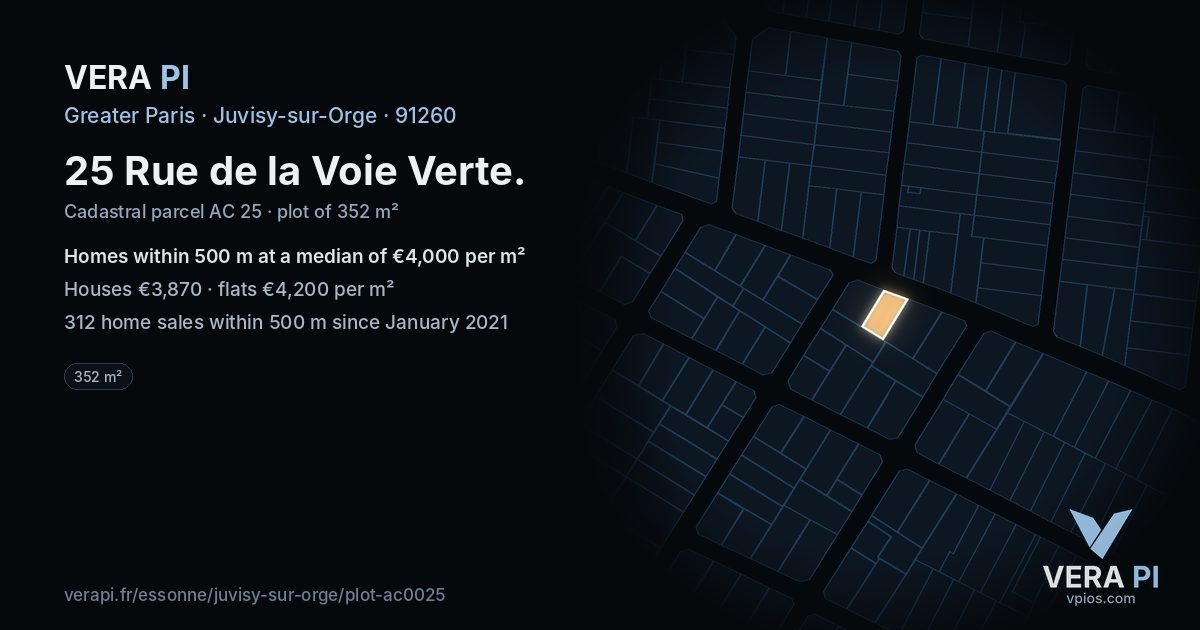 25 Rue de la Voie Verte, Juvisy-sur-Orge at night – the plot lit, the parcels around coloured by the prices near them