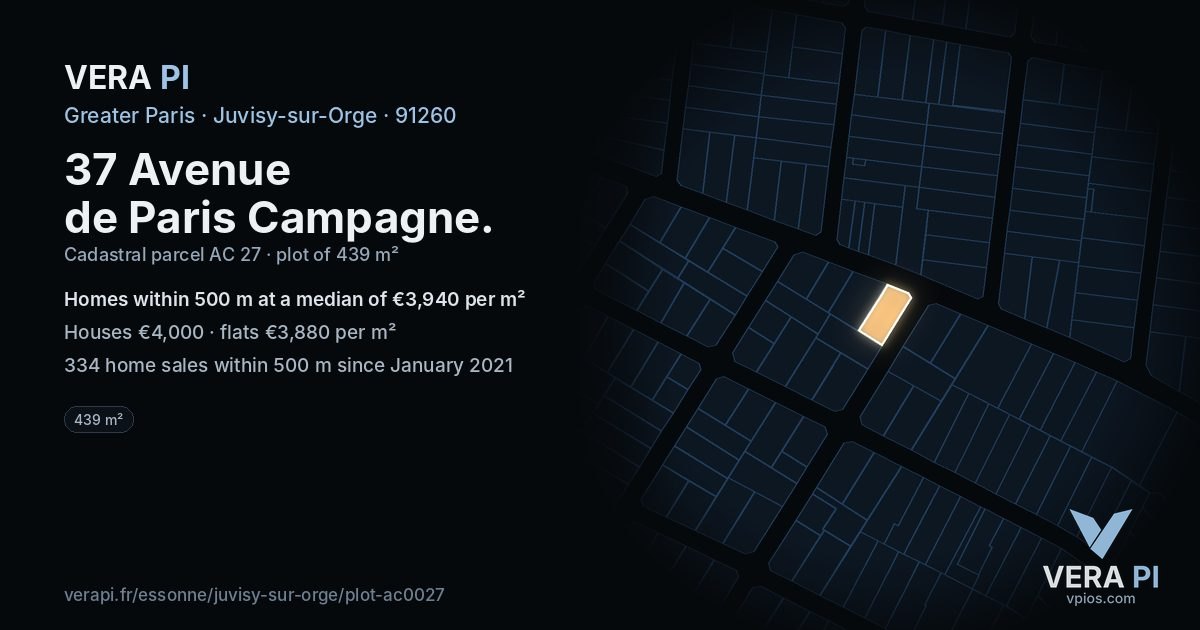 37 Avenue de Paris Campagne, Juvisy-sur-Orge at night – the plot lit, the parcels around coloured by the prices near them