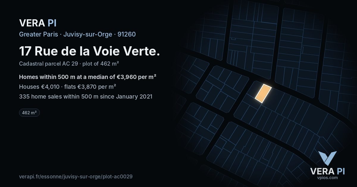 17 Rue de la Voie Verte, Juvisy-sur-Orge at night – the plot lit, the parcels around coloured by the prices near them