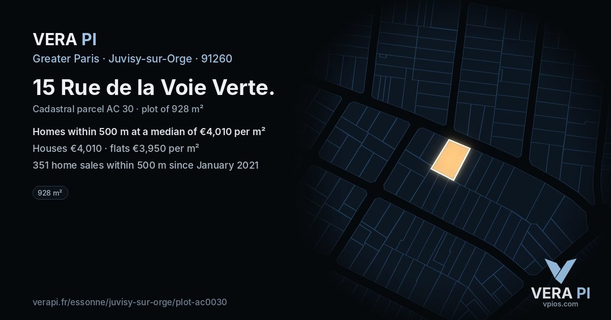 15 Rue de la Voie Verte, Juvisy-sur-Orge at night – the plot lit, the parcels around coloured by the prices near them