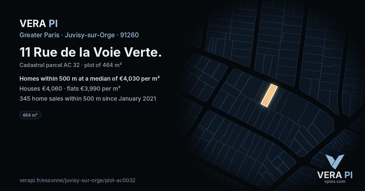 11 Rue de la Voie Verte, Juvisy-sur-Orge at night – the plot lit, the parcels around coloured by the prices near them