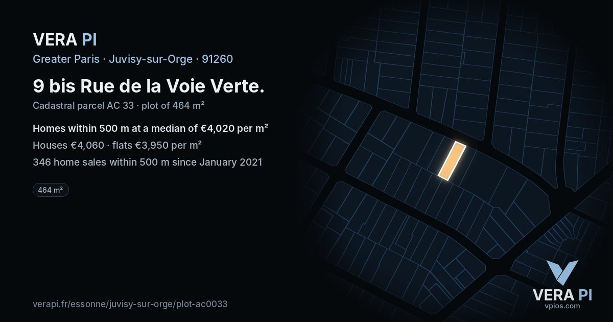 9 bis Rue de la Voie Verte, Juvisy-sur-Orge at night – the plot lit, the parcels around coloured by the prices near them