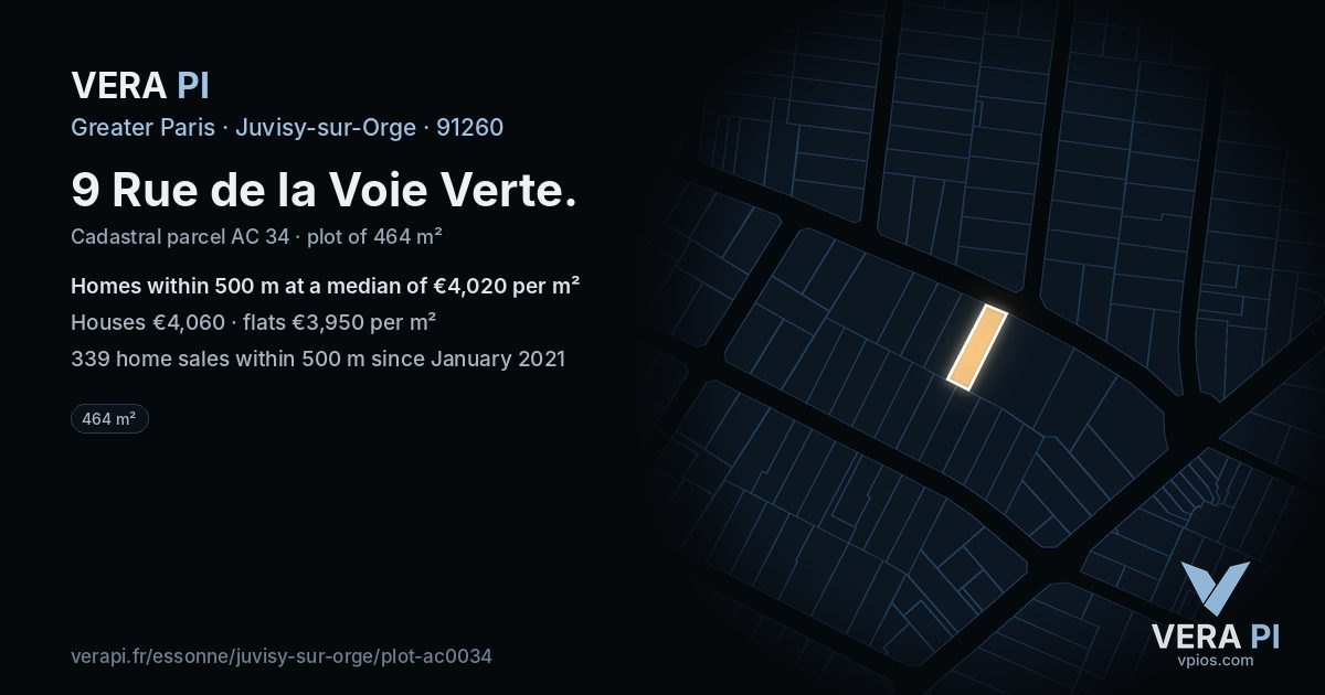 9 Rue de la Voie Verte, Juvisy-sur-Orge at night – the plot lit, the parcels around coloured by the prices near them